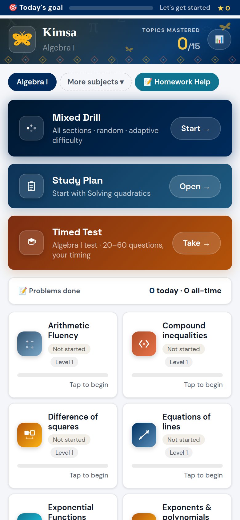 Kimsa dashboard — seven math tracks, mixed drill, study plan, timed test, and the mastery topic grid