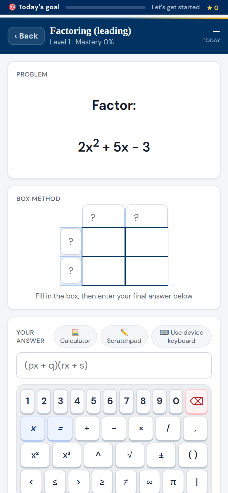 A factoring problem mid-solve, with the box-method scaffold and the built-in math keyboard